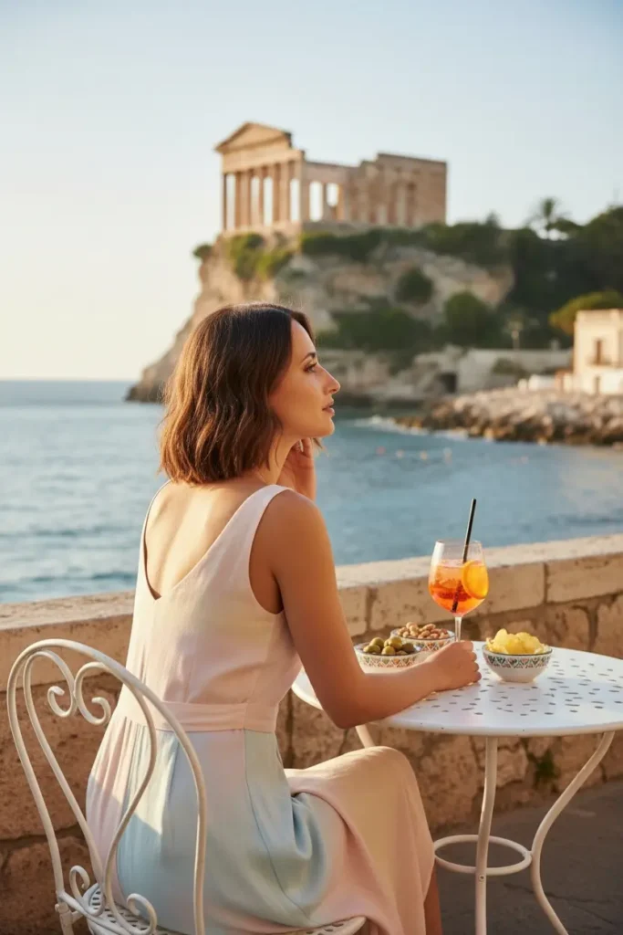 traveler looking at Terracina beach in Italy with the Temple of Jupiter Anxur above the coastline